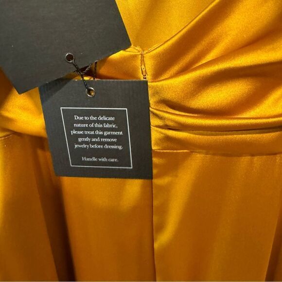 Revolve Mac Duggal Ieena SATIN SLEEVELESS FAUX WRAP RUCHED GOWN in Marigold - Picture 12 of 12
